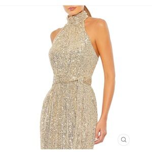 🆕Mac Duggal's leena Sequined Halter Neck Belted Tie Champagne Gown Sz 6 MOB/MOG